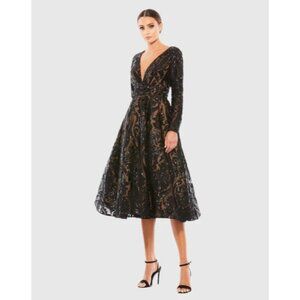 NWT $398 Mac Duggal Sequin Embellished A Line Cocktail Dress Black Size 10
